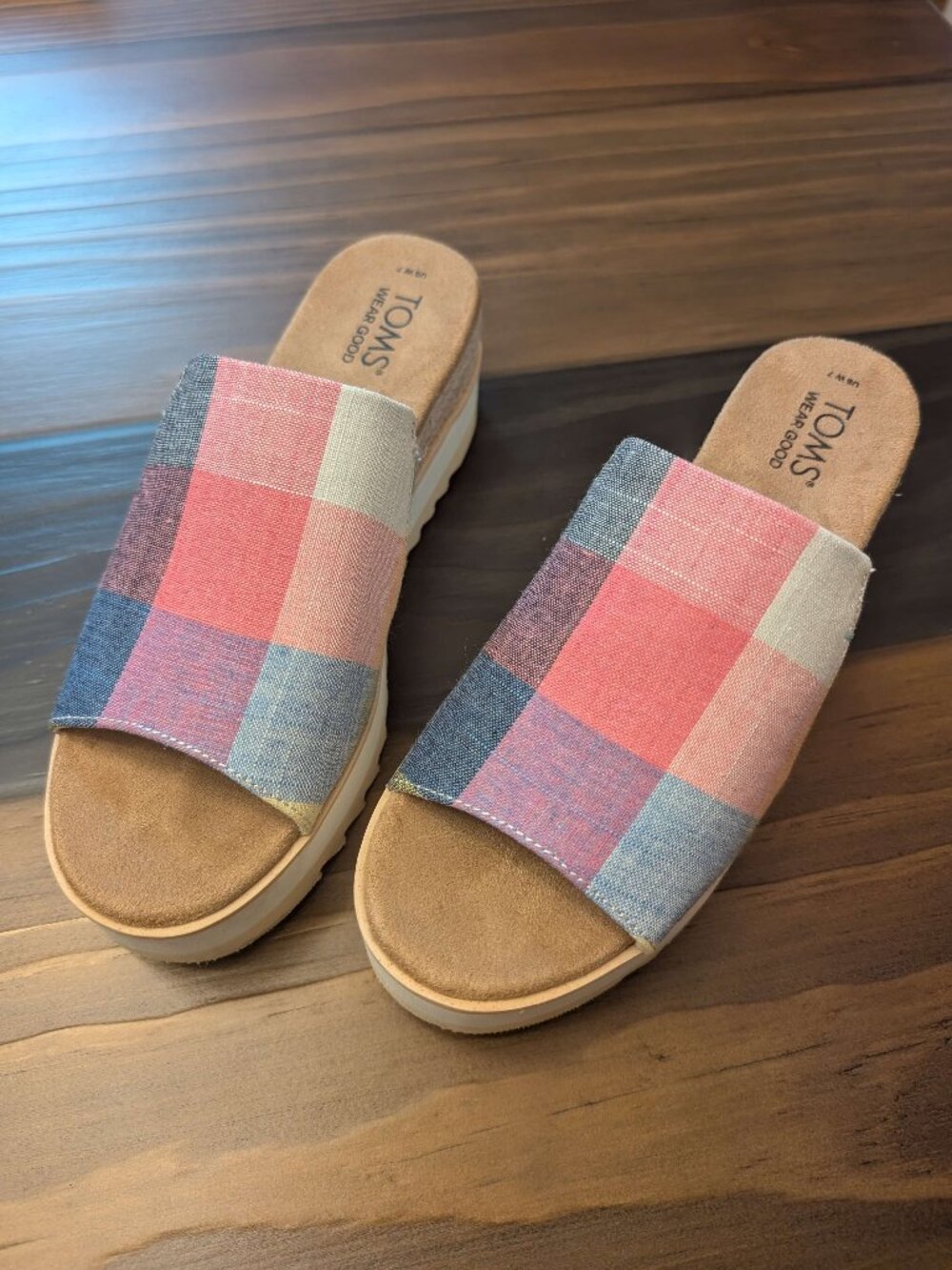 TOMS Diana Mule Wedge Sandals in Multi Picnic Plaid Size 7